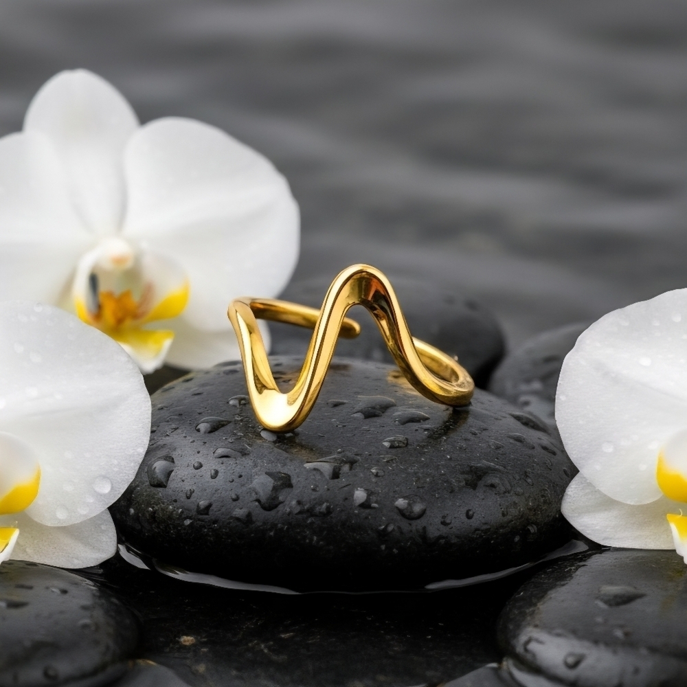 18K Gold Plated Stainless Steel Wave Ring Adjustable Modern Boho Statement